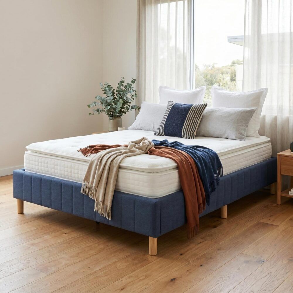 Vetralla Blue Double bed frame in a modern bedroom