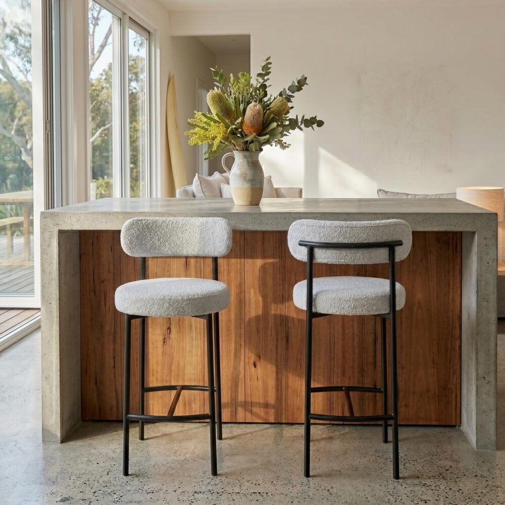Shoreham white boucle bar stool 2pcs set with steel frame in a stylish kitchen