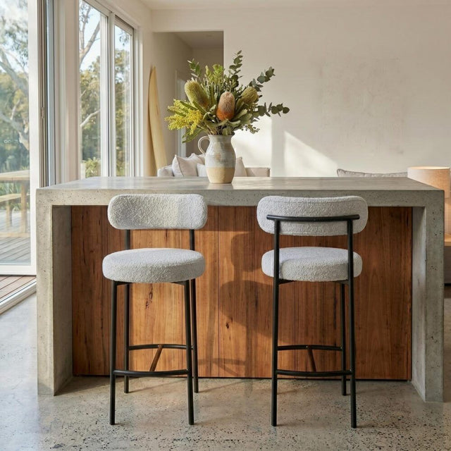 Shoreham white boucle bar stool 2pcs set with steel frame in a stylish kitchen