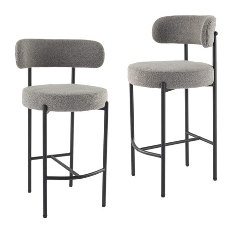 Two Elsa grey boucle low bar stools at kitchen counter — Allure Home Collections