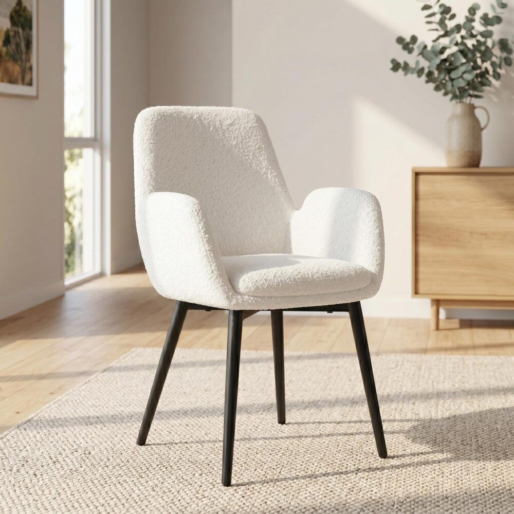 Rowland Flat white teddy boucle dining armchair in a modern dining room
