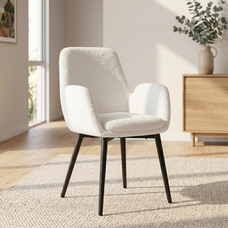 Rowland Flat white teddy boucle dining armchair in a modern dining room