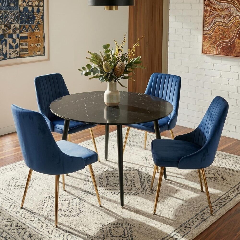 Birdwood black marble and blue velvet dining set in a modern dining room