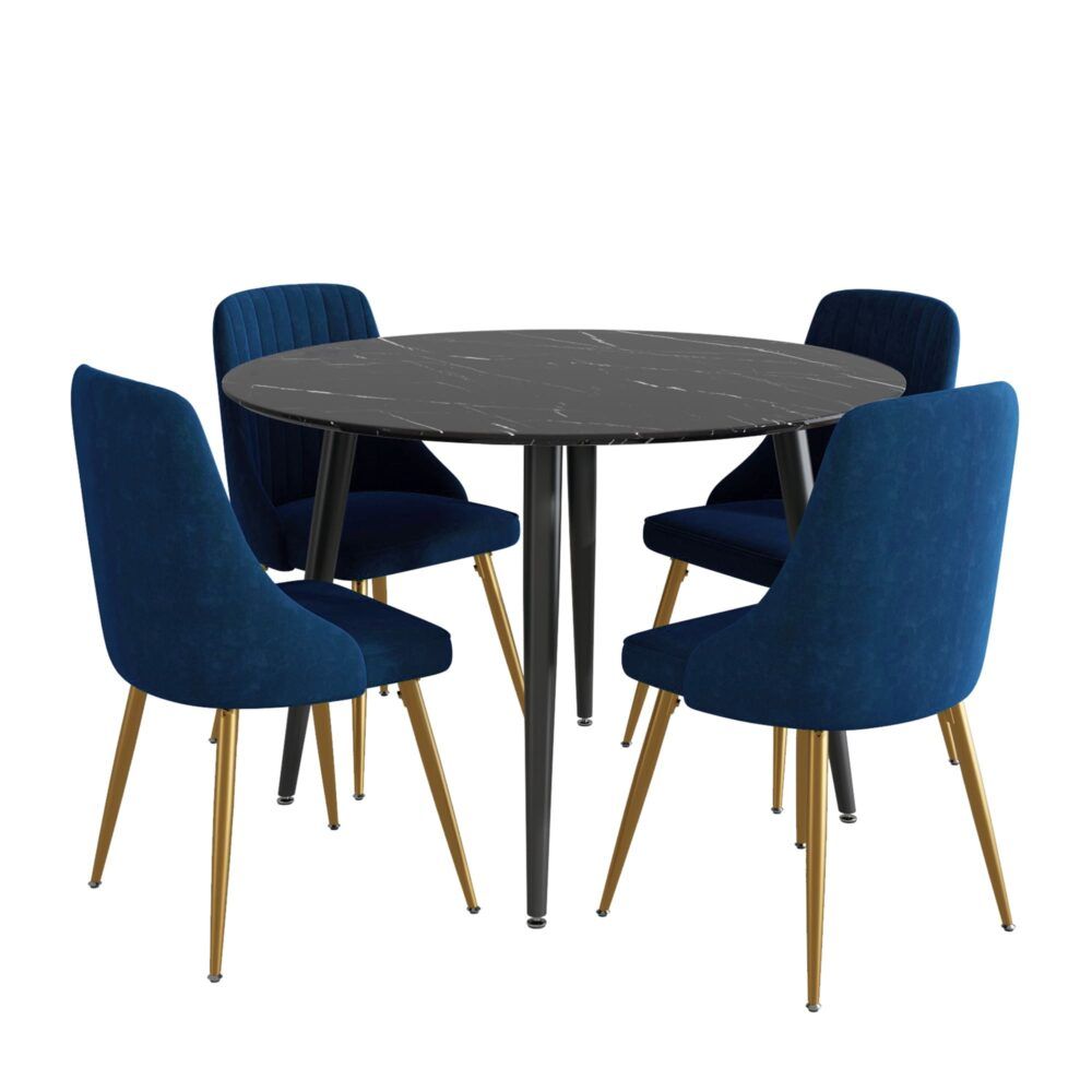 Birdwood 5 Piece Dining Set, Black Marble and Blue Velvet