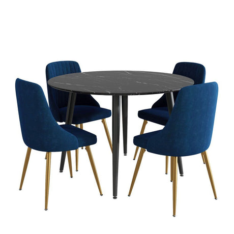 Birdwood 5 Piece Dining Set, Black Marble and Blue Velvet