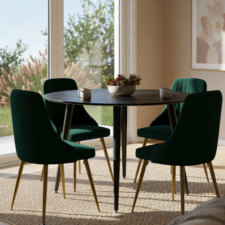 Birdwood black marble and green velvet dining set in a modern dining room