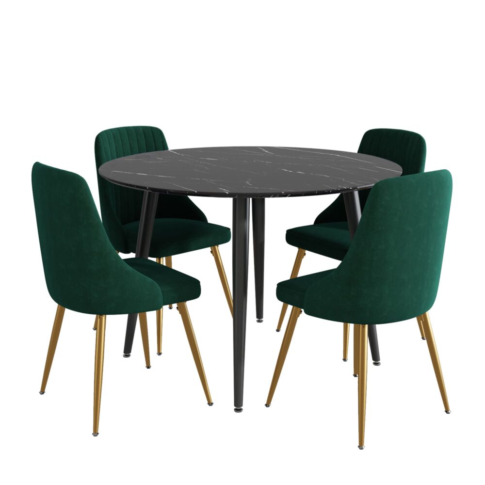 Birdwood 5 Piece Dining Set, Black Marble and Green Velvet