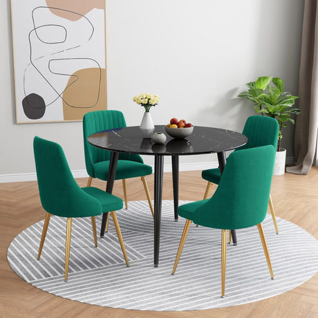 Birdwood 5 Piece Dining Set, Black Marble and Green Velvet