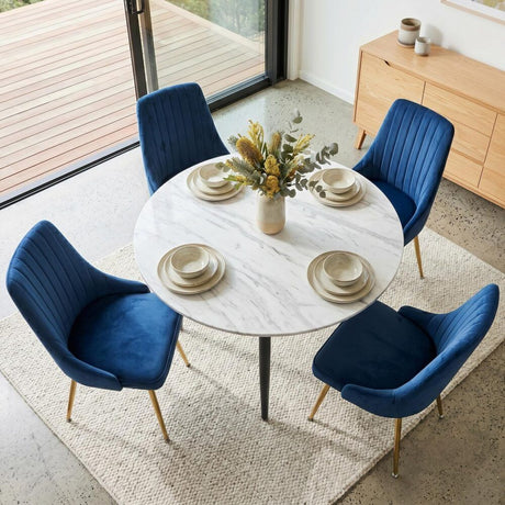 Birdwood 5 Piece Dining Set, White Marble and Blue Velvet