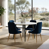 Birdwood 5 Piece Dining Set, White Marble and Blue Velvet