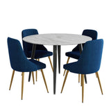 Birdwood 5 Piece Dining Set, White Marble and Blue Velvet