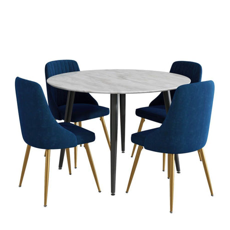 Birdwood 5 Piece Dining Set, White Marble and Blue Velvet