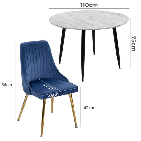 Birdwood 5 Piece Dining Set, White Marble and Blue Velvet