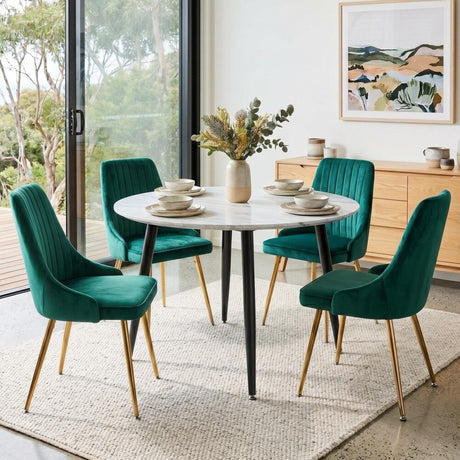 Birdwood white marble and green velvet dining set in a modern dining room