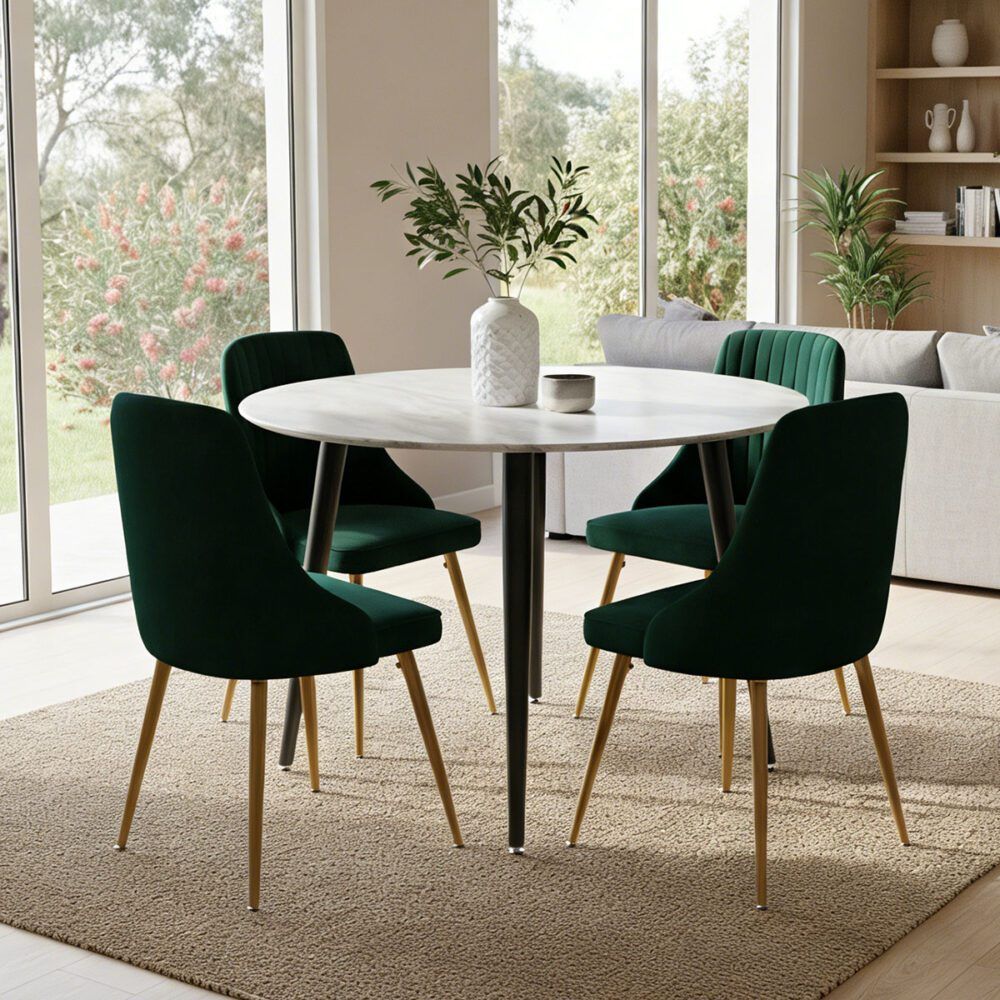 Birdwood 5 Piece Dining Set, White Marble and Green Velvet