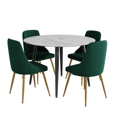 Birdwood 5 Piece Dining Set, White Marble and Green Velvet