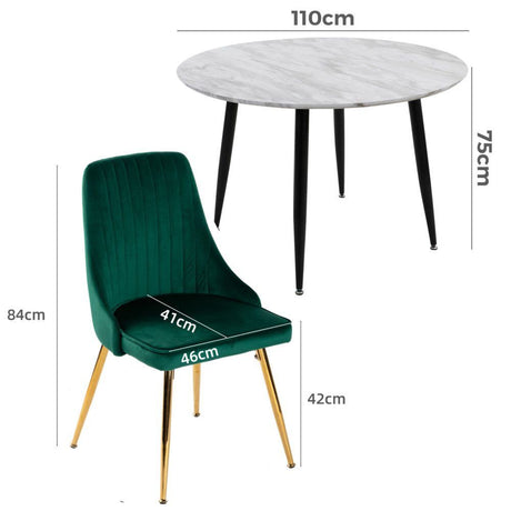 Birdwood 5 Piece Dining Set, White Marble and Green Velvet