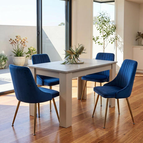 Mount Torrens grey and blue velvet dining set in a modern dining room