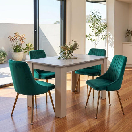 Mount Torrens grey and green velvet dining set in a modern dining room