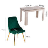 Grey Rectangular Dining Table with 4x Green Velvet Chairs
