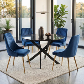 Gumeracha black marble and blue velvet dining set in a modern dining room