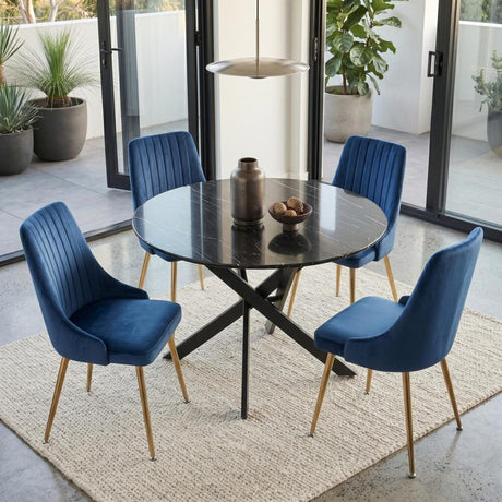 Gumeracha 5 Piece Dining Set, Black Marble and Blue Velvet