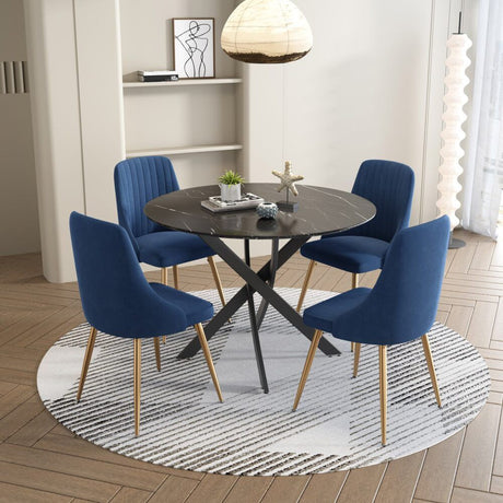 Gumeracha 5 Piece Dining Set, Black Marble and Blue Velvet