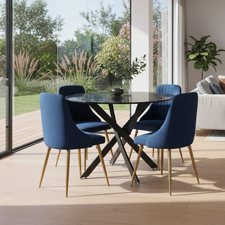 Gumeracha 5 Piece Dining Set, Black Marble and Blue Velvet
