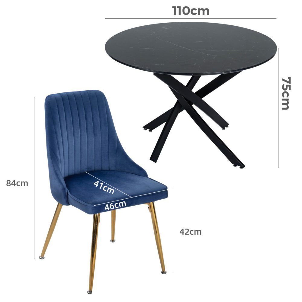 Gumeracha 5 Piece Dining Set, Black Marble and Blue Velvet