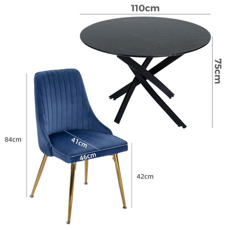 Gumeracha 5 Piece Dining Set, Black Marble and Blue Velvet