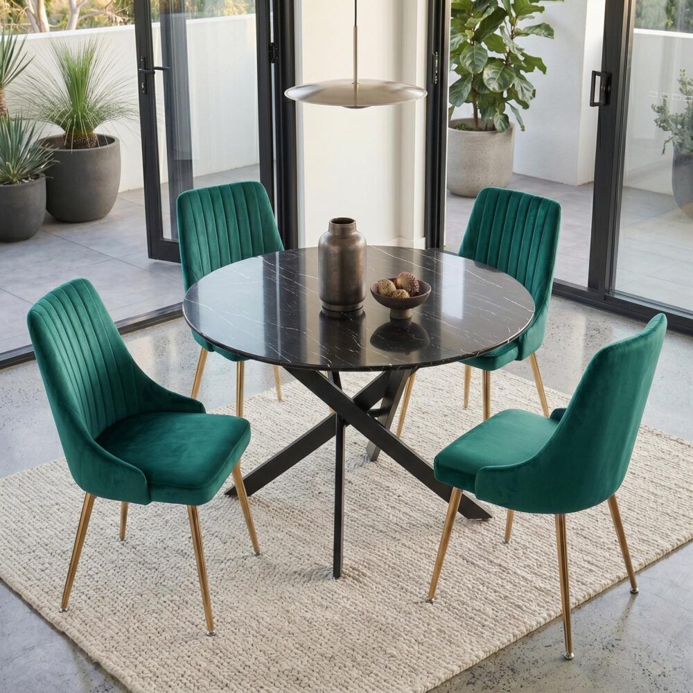 Gumeracha 5 Piece Dining Set, Black Marble and Green Velvet