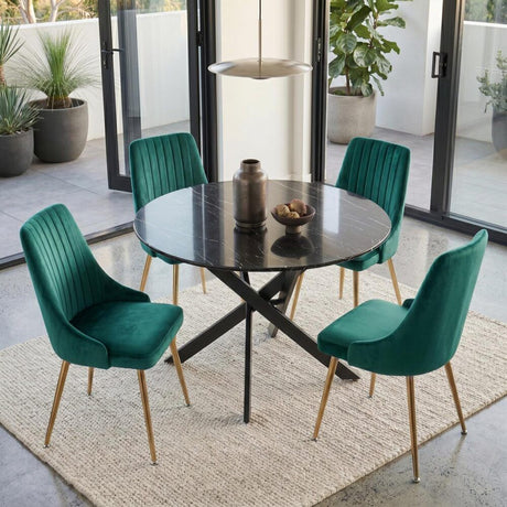 Gumeracha 5 Piece Dining Set, Black Marble and Green Velvet