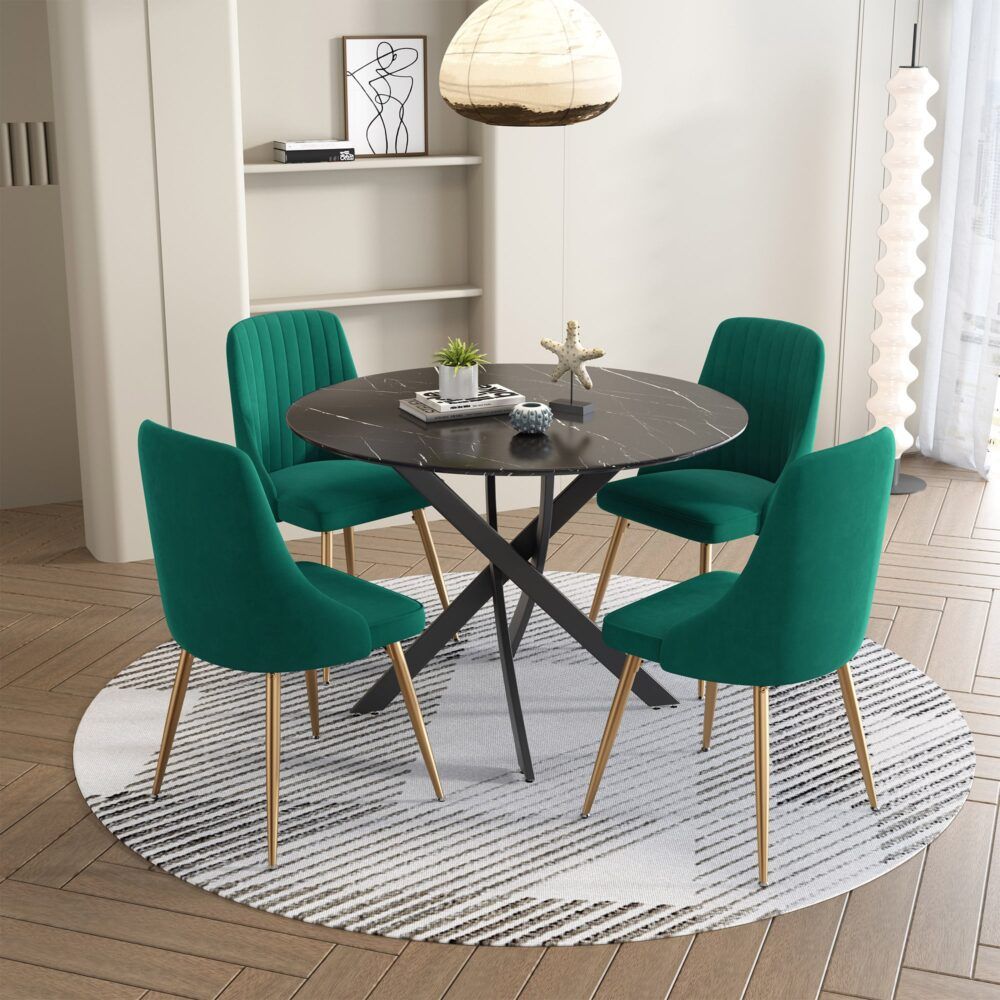 Gumeracha 5 Piece Dining Set, Black Marble and Green Velvet