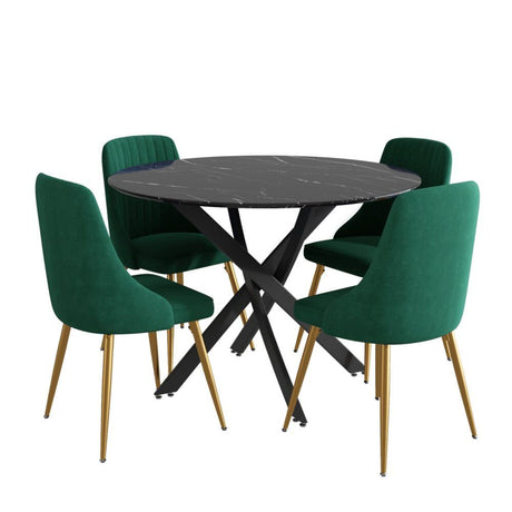 Gumeracha 5 Piece Dining Set, Black Marble and Green Velvet
