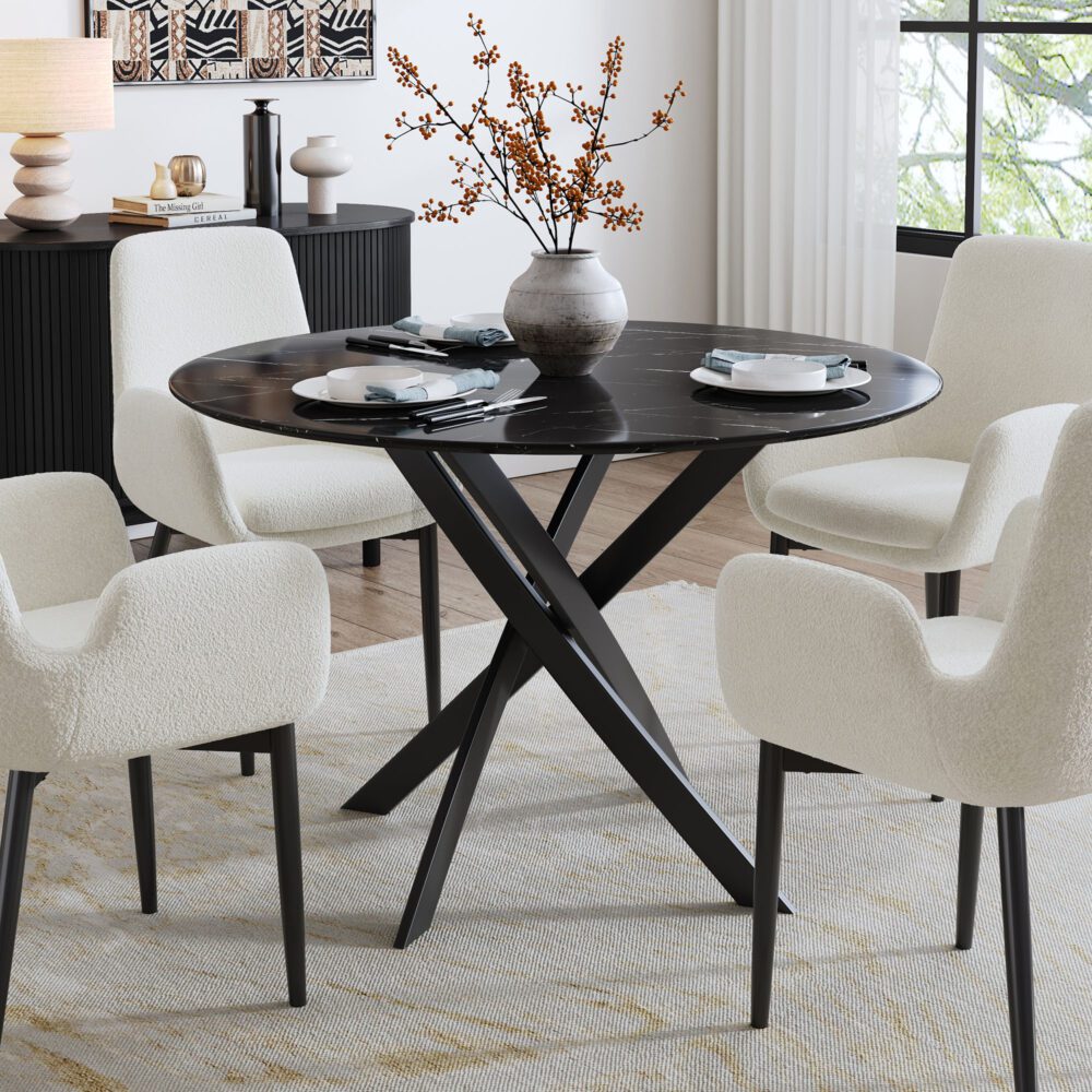 Round Black Marble-Effect Dining Table — Seats 4, White Veining — Allure Home Collections