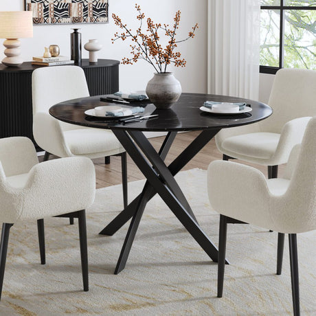 Round Black Marble-Effect Dining Table — Seats 4, White Veining — Allure Home Collections