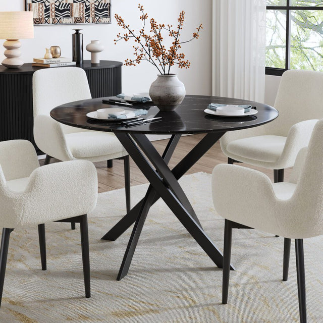 Round Black Marble-Effect Dining Table — Seats 4, White Veining — Allure Home Collections