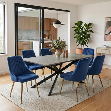 Kersbrook 7 Piece Dining Set, Dark Grey Marble and Blue Velvet