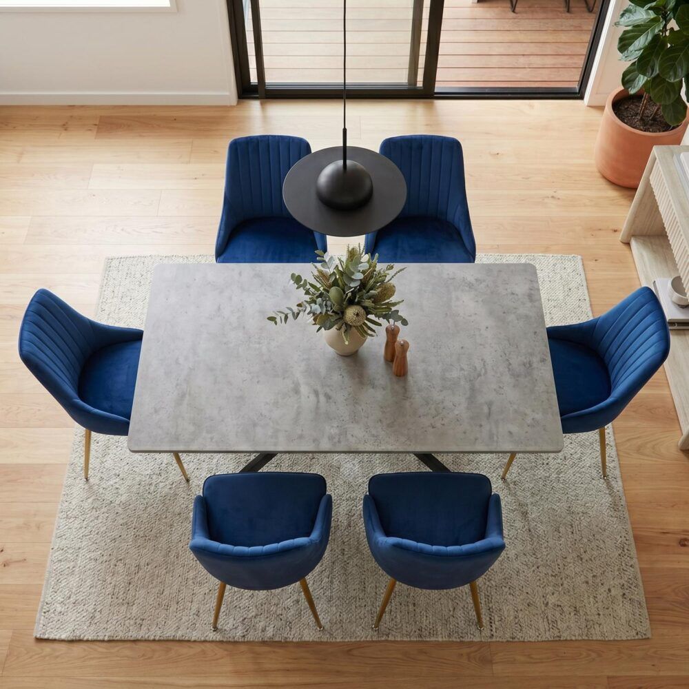 Kersbrook 7 Piece Dining Set, Dark Grey Marble and Blue Velvet