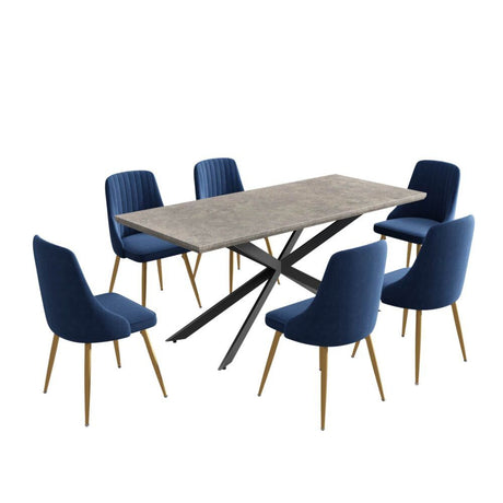 Kersbrook 7 Piece Dining Set, Dark Grey Marble and Blue Velvet
