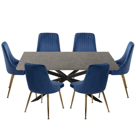 Kersbrook 7 Piece Dining Set, Dark Grey Marble and Blue Velvet