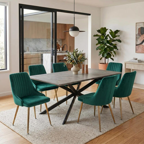 Kersbrook 7 Piece Dining Set, Dark Grey Marble and Green Velvet