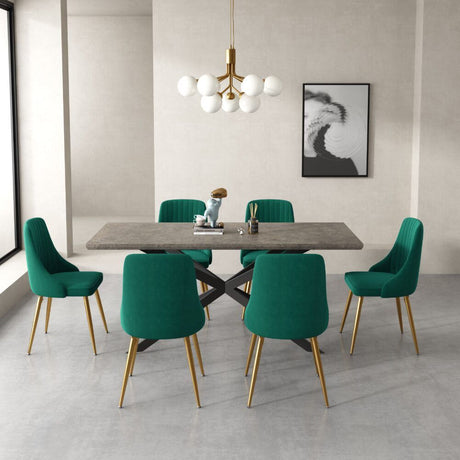 Kersbrook 7 Piece Dining Set, Dark Grey Marble and Green Velvet
