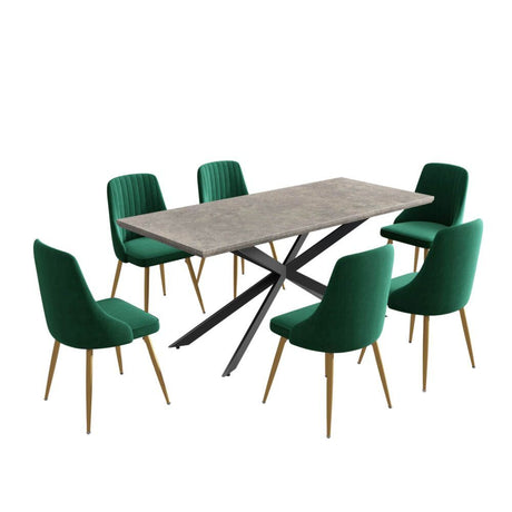 Kersbrook 7 Piece Dining Set, Dark Grey Marble and Green Velvet