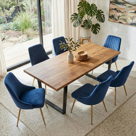 Cudlee Creek 7 Piece Dining Set, Natural Wood and Blue Velvet