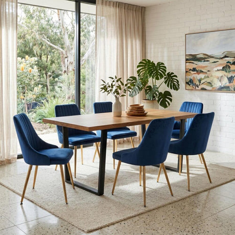 Cudlee Creek 7 Piece Dining Set, Natural Wood and Blue Velvet