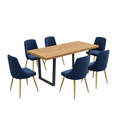 Cudlee Creek 7 Piece Dining Set, Natural Wood and Blue Velvet