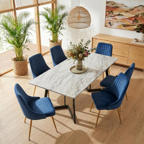 Ashton 7 Piece Dining Set, White Marble and Blue Velvet