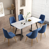 Ashton 7 Piece Dining Set, White Marble and Blue Velvet
