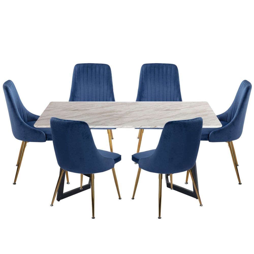 Ashton 7 Piece Dining Set, White Marble and Blue Velvet